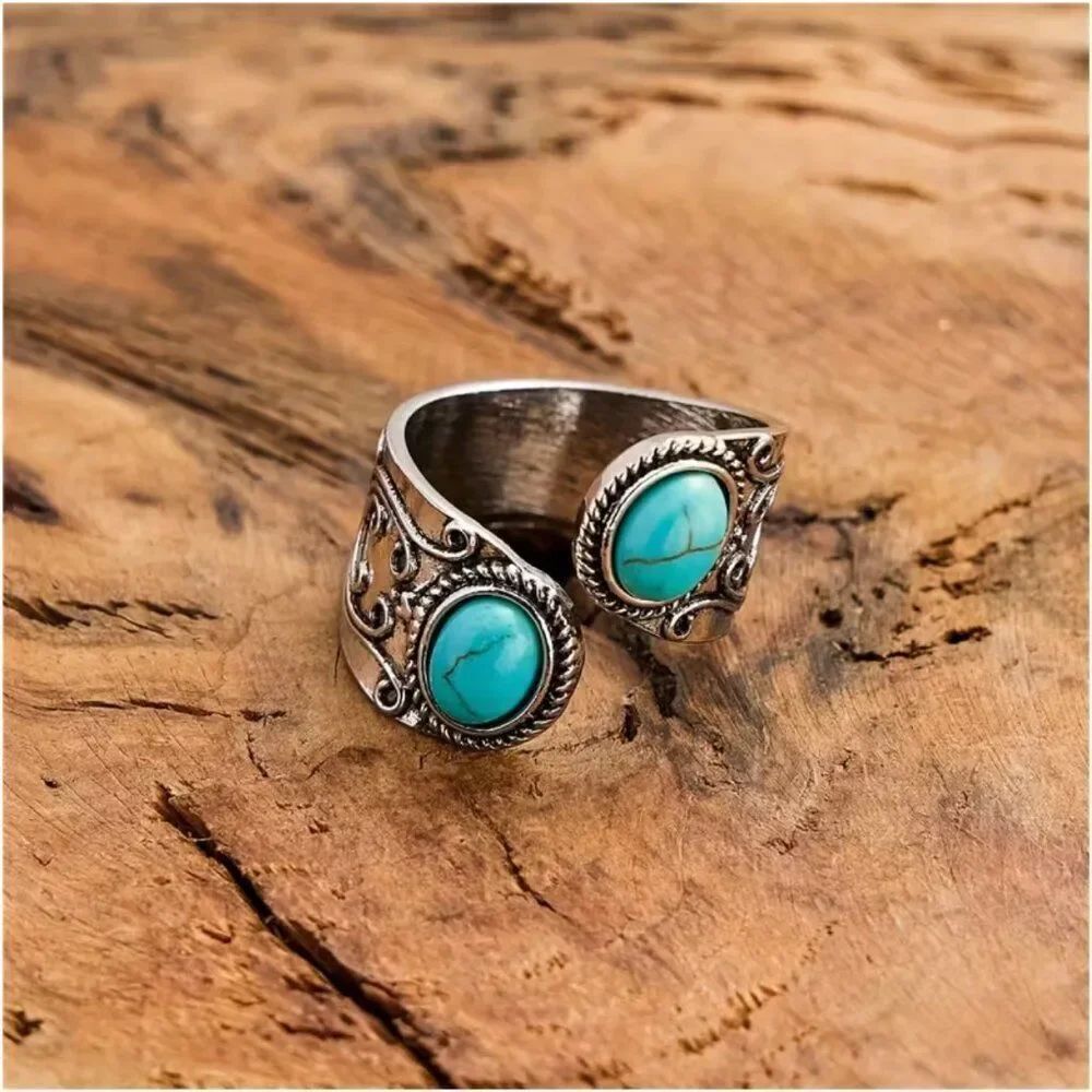 NWT Boho Faux Turquoise Double Oval Bypass Ring Vintage Western Silver Tone Open